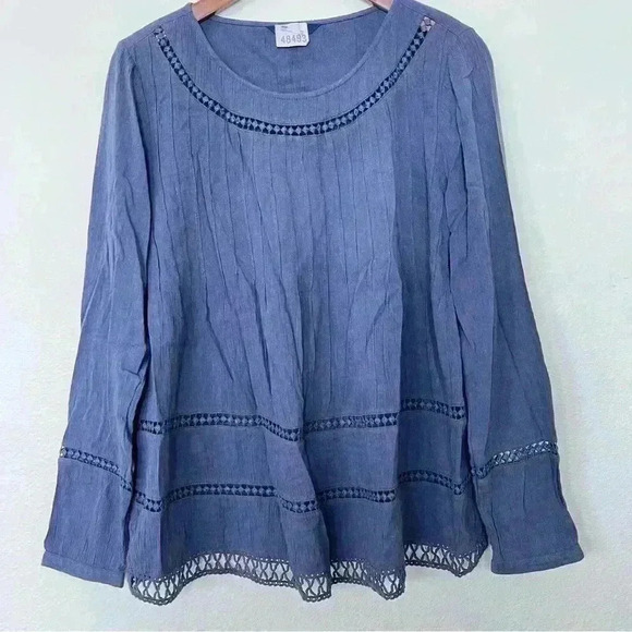 Next Shirt Blouse Womens Size 12 UK Light Wash Blue Boho Peasant Eyelet - Picture 2 of 7